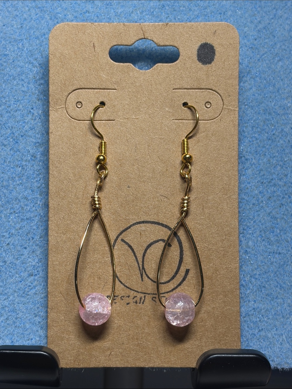 Gold Teardrop Dangle Earrings with Pink Crackle Beads